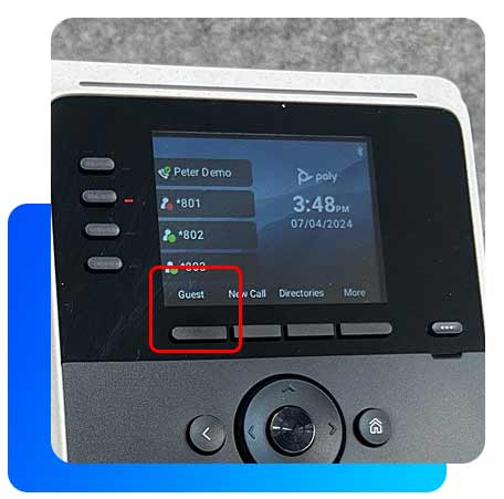 Employees can log in to the Poly desk phone. Press the Guest soft key on the phone's home screen.