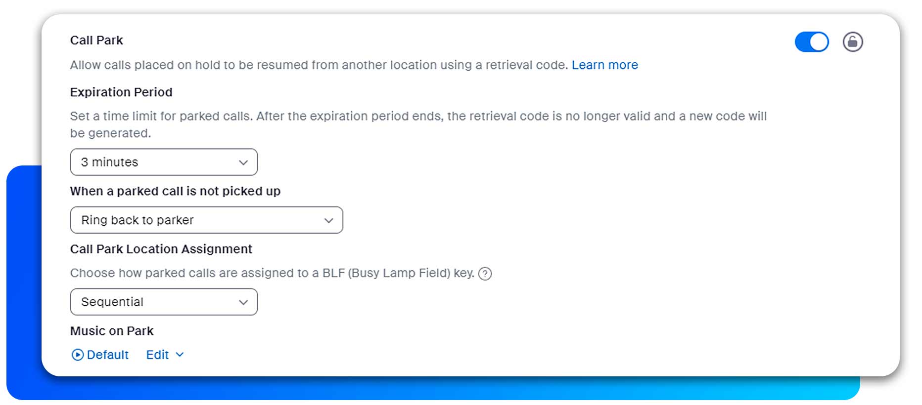 Zoom Phone admins can change how long a call can be parked (expiry time) and how calls are routed once the expiry time is met. These settings can be set for the entire account, sites, a group or a user or common area.