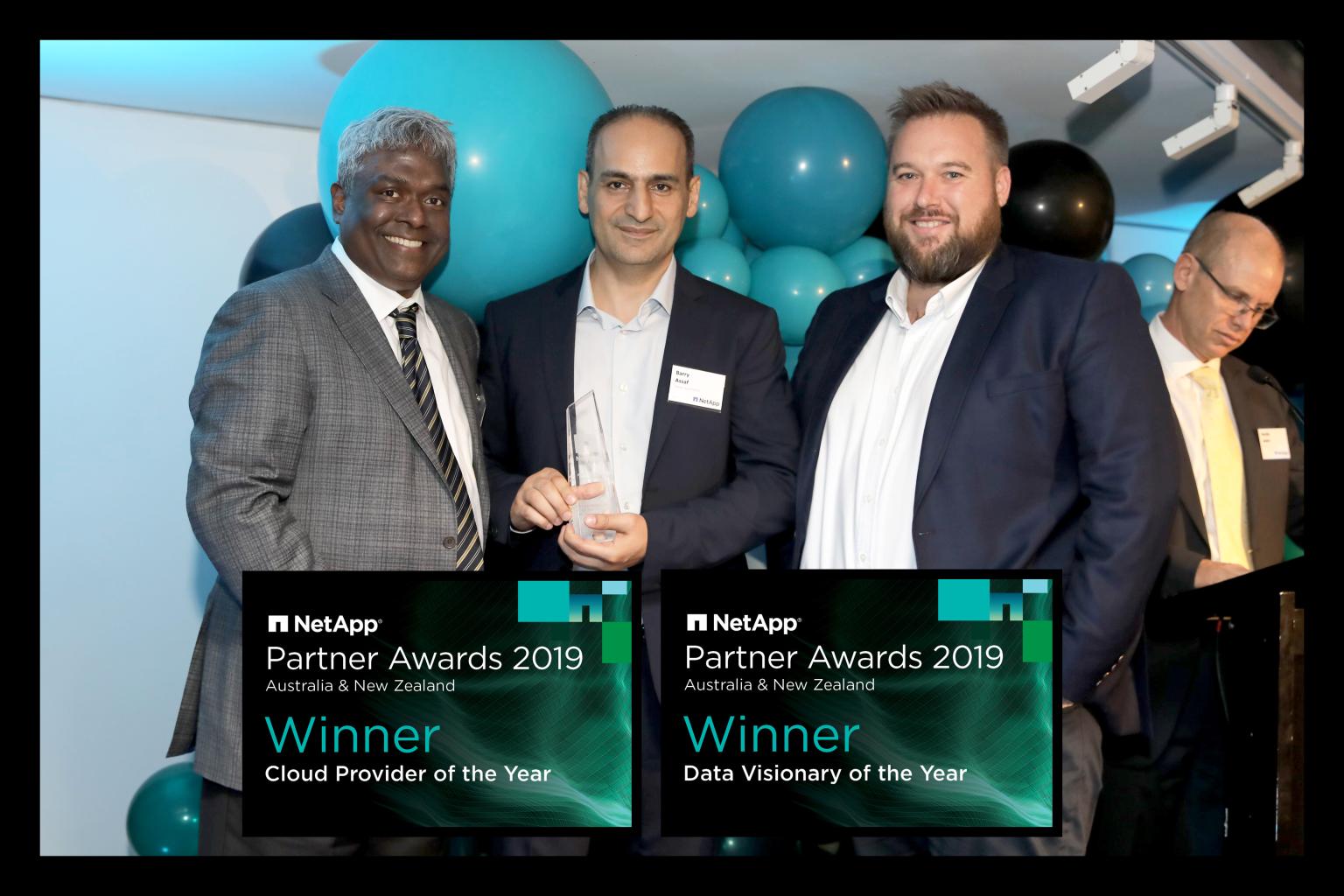 Netapp CEO George Kurian, Nexon CEO Barry Assaf, and our Cloud Solutions Consultant Justin Bailey - WINNER - 2019 NetApp Partner Awards' "Data Visionary of the Year"