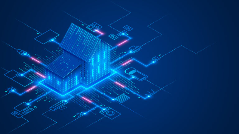 Smart home technology conceptual banner. Building consists digits and connected with icons of domestic smart devices. illustration concept of System intelligent control house on blue background. IOT
