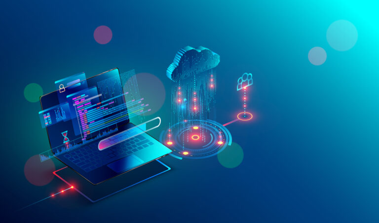 laptop. cloud storage. shared access. Isometric