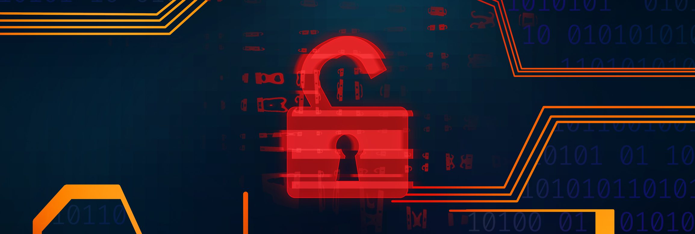 Cyber security concept. Illustration of red opened padlock lock on digital screen, panorama