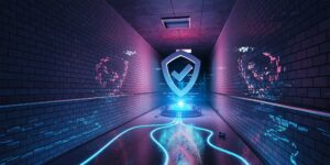 Blue and pink underground cyber security hologram with digital shield 3D rendering
