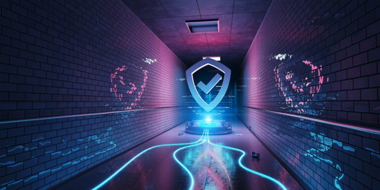 Blue and pink underground cyber security hologram with digital shield 3D rendering
