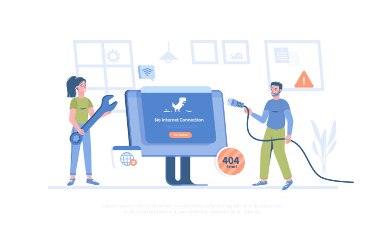 No Internet Connection. Web page not loading. Offline error, No Wi-Fi signal. The network cable is disconnected. Cartoon modern flat vector illustration for banner, website design, landing page