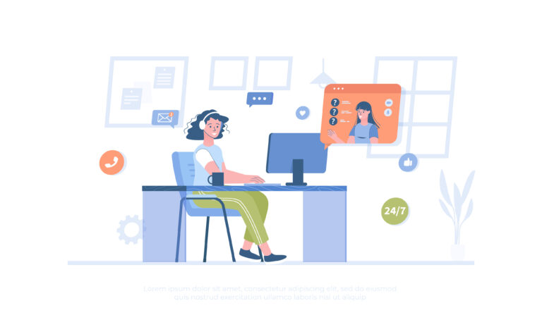 Customer service. Operator in headphones consult clients, answers the questions and solve problems. Cartoon modern flat vector illustration for banner, website design, landing page