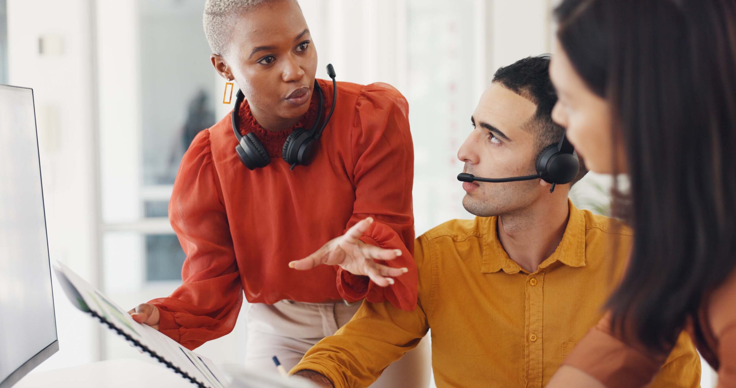 Documents, woman or call center team training with sales consultants for customer support