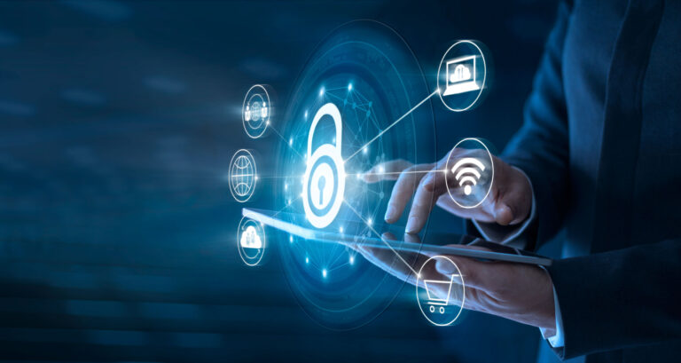 Businessman using tablet and set up network connection with shield guard to protected from cyber attacks
